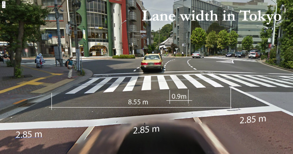 Typical lane width in Tokyo is 2.85 meters