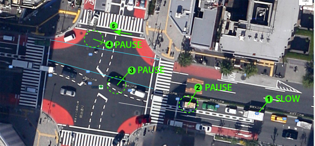 Safe junction design in Tokyo prepares drivers to slow down, and provides safe space to "PAUSE and WAIT".