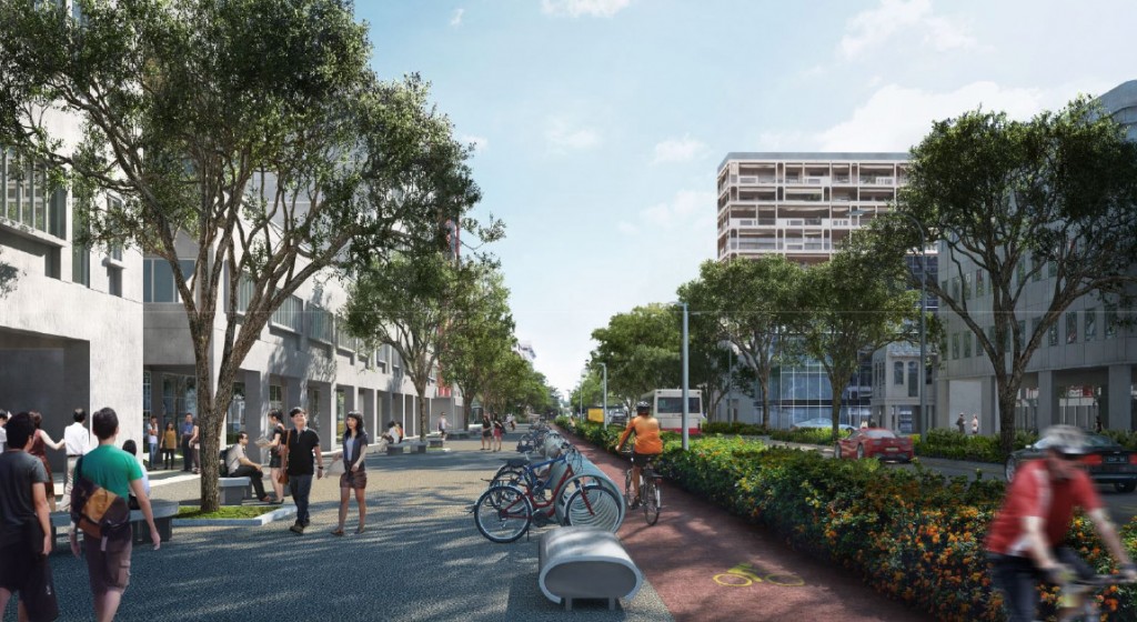 New design of Bencoolen Street incorporate bicycle lane and extra wide pavement for pedestrians.